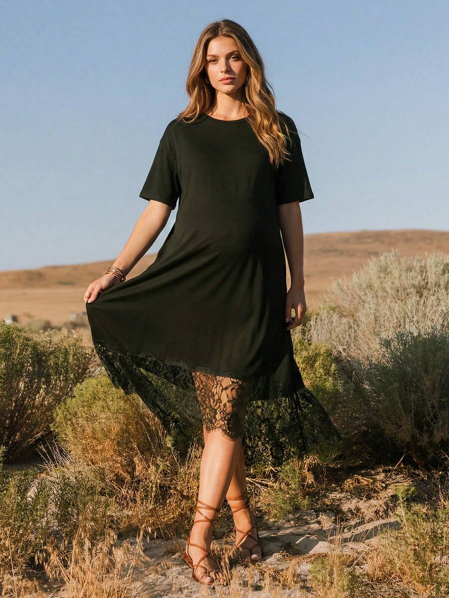 SHEIN 時尚孕婦度假蕾絲拼接短袖圓領洋裝 - 軍綠色 - 查看 1