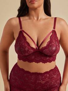 SHEIN BAE CURVE 加大码纯色蕾丝性感文胸和内裤内衣套装，2 件 - 酒紅色 - 查看 6