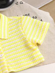 SHEIN Playful Pals 3件組女嬰度假休閒風鳳梨圖案提花紋理面料短版上衣短褲+吊帶連身衣 3件套 適合日常夏季專屬 - 芥末黃 - 查看 7