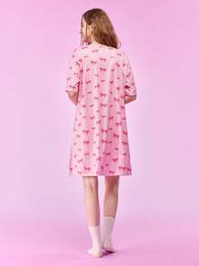 SHEIN Women's Short Sleeve Round Neck Striped Nightgown - Pink - View 2