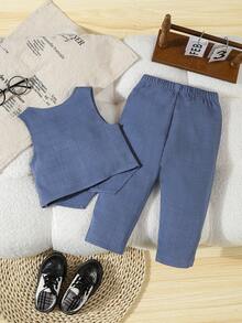 SHEIN Bộ quần áo lịch sự 2 món cho bé trai, gồm áo vest và quần màu trơn, không kèm áo sơ mi hay phụ kiện, phù hợp cho bé từ 6 tháng đến 3 tuổi. Trang phục trang trọng thích hợp cho đám cưới, biểu diễn, tiệc tùng, sinh nhật, Giáng sinh, lễ tốt nghiệp. - Nhiều màu - Xem 2