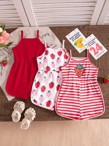 SHEIN 3pcs/Set Baby Girl Summer New Simple Butterfly Print Solid Color Ribbed Purple & Black 3D Bow Decor Casual Sleeveless Camisole Romper Shorts Set - Red - View 1