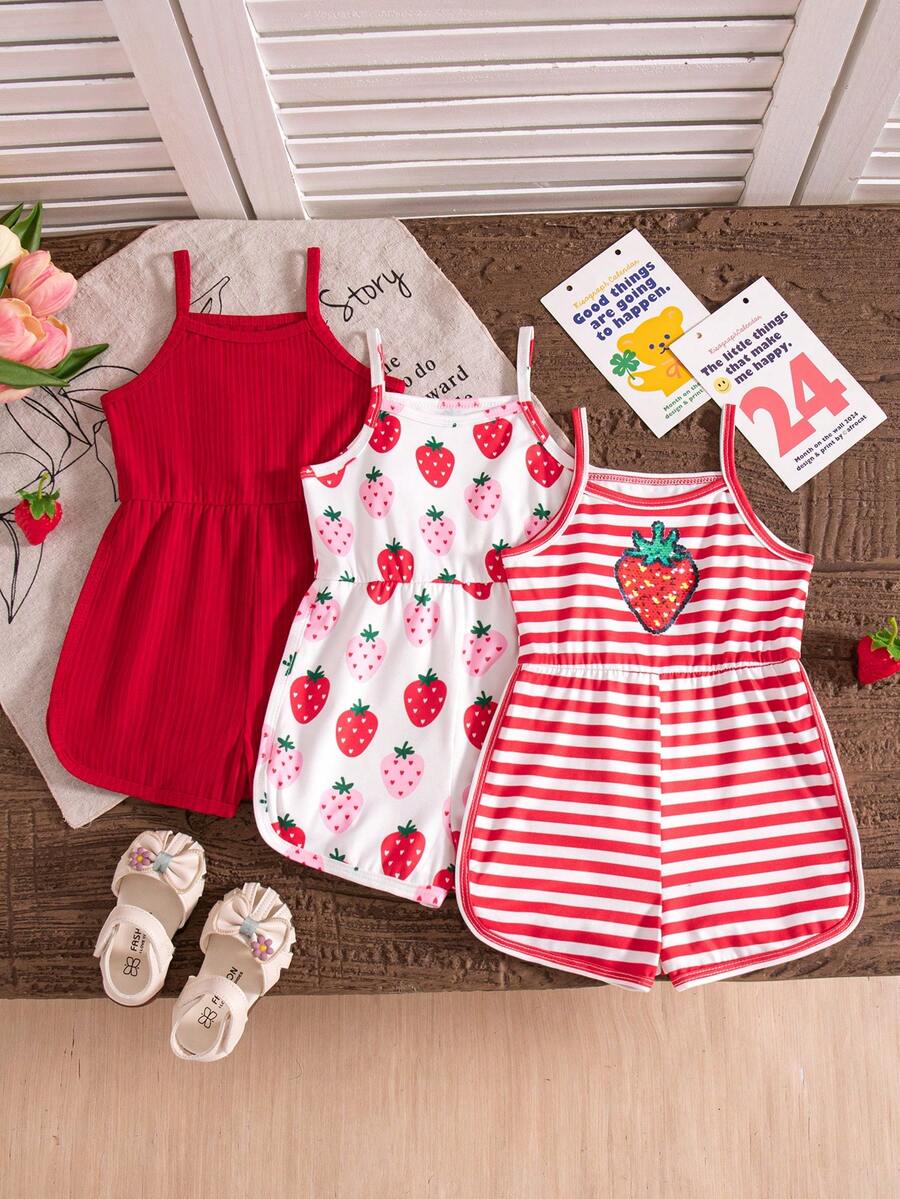 SHEIN 3pcs/Set Baby Girl Summer New Simple Butterfly Print Solid Color Ribbed Purple & Black 3D Bow Decor Casual Sleeveless Camisole Romper Shorts Set - Red - View 1