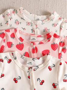 SHEIN 新生兒 3件組 全身印花、草莓、櫻桃圖案長袖按扣舒適連身衣 - 粉色 - 查看 8