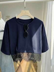 Comfortcana Deep Blue Short Sleeve Round Neck Lace Hem Loose Plus Size Women's T-Shirt - Navy Blue - View 5