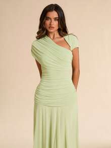 SHEIN BAE Asymmetric Ruched Fitted Long Dress, Green, Suitable For Wedding Guest,Dresses For Women Summer - Green - View 7