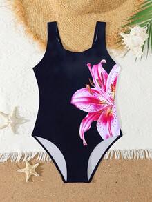 SHEIN 青少年女孩一件式黑粉印花優雅度假風泳衣 - 彩色 - 查看 3