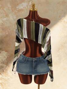 Amplova Crochet Striped Hollow Out Vintage Women's Cover-Up Shawl - Brown - View 4