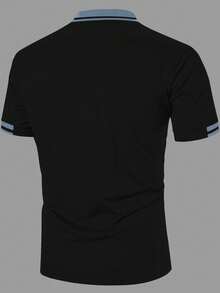Manfinity Homme 男士休閒通勤拼色短袖 Polo 衫，黑色夏季基礎款商務休閒高爾夫衫 - 黑色 - 查看 2
