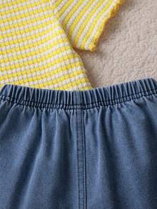SHEIN Elladie kids 少女圓領短袖條紋清新風針織上衣與牛仔裙2件組 - 黃色 - 查看 9