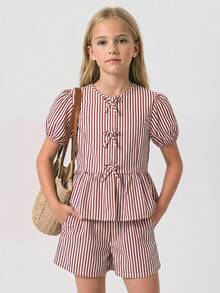 Tween Girls' Striped Vacation Style Set, Adorable Bow Decor On Front, Puff Sleeve Top + Casual Shorts, Comfortable Wear - Pink - View 1