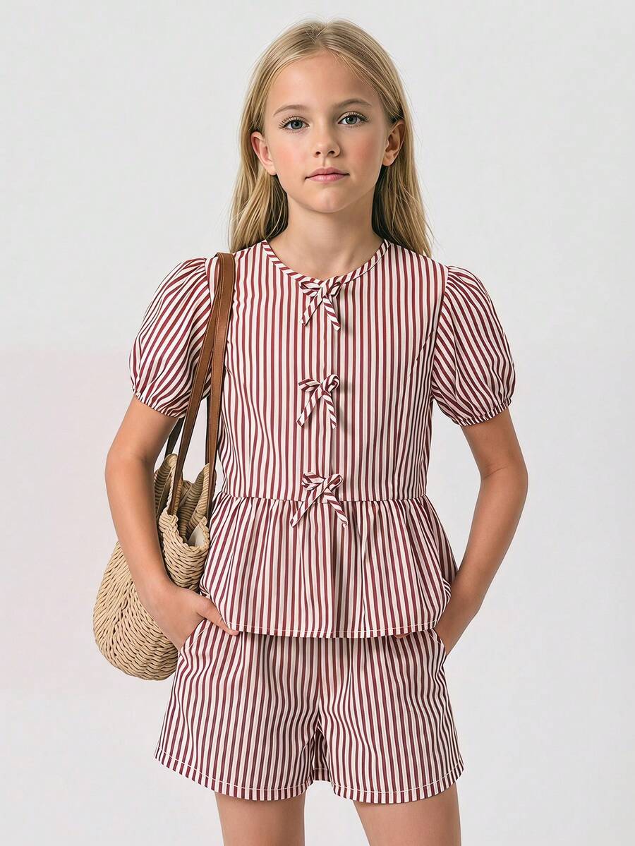Tween Girls' Striped Vacation Style Set, Adorable Bow Decor On Front, Puff Sleeve Top + Casual Shorts, Comfortable Wear - Pink - View 1