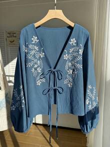 Comfortcana Plus Size Women's Elegant Boho Floral Embroidered Front Tie Lantern Sleeve Blouse Vacation Light Blue Autumn Fall Gym Vacation - Blue - View 1