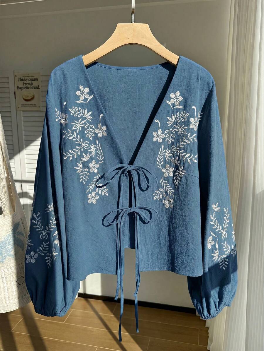 Comfortcana Plus Size Women's Elegant Boho Floral Embroidered Front Tie Lantern Sleeve Blouse Vacation Light Blue Autumn Fall Gym Vacation - Blue - View 1
