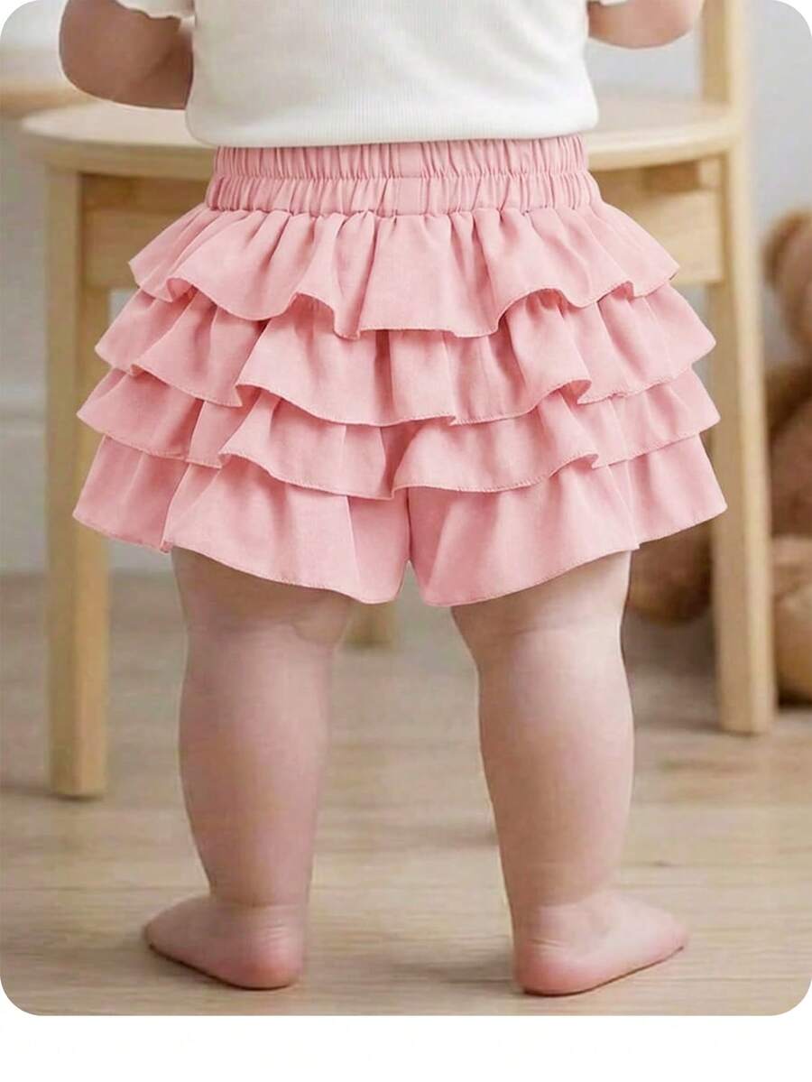 SHEIN Babygirl Summer Cute Vacation Casual Versatile Pink Ruffle Elastic Waist Mini Skirt - Pink - View 1