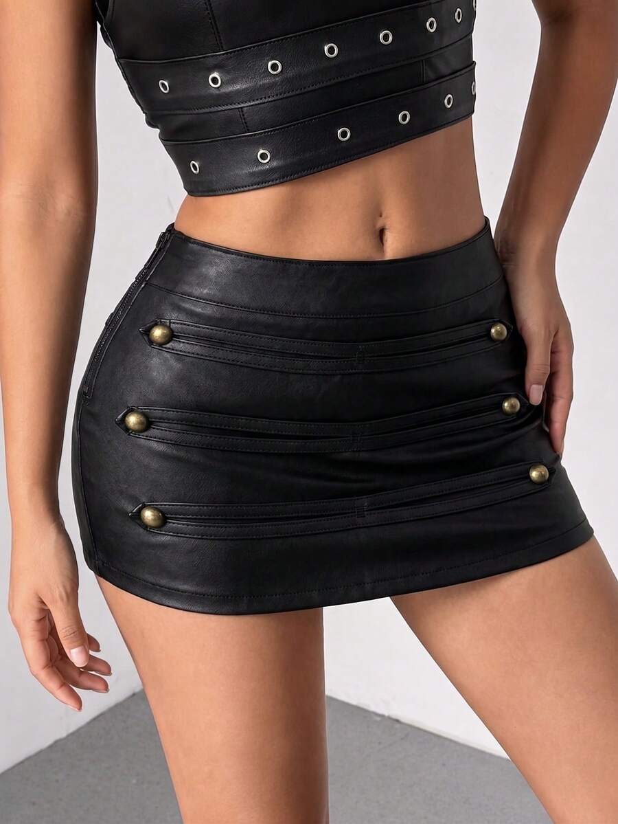 Jeanoix Women's Y2K Summer Faux Leather Coated Napoleon Style Skirt - Black - View 1