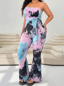SHEIN EZwear 大尺碼春夏紮染抹胸百褶綁帶上衣與喇叭長褲2件組 - 彩色 - 查看 3