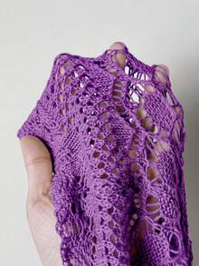 SHEIN Unity 女款鏤空繫帶鉤編開襟衫，適合日常穿著 - 紫色 - 查看 5