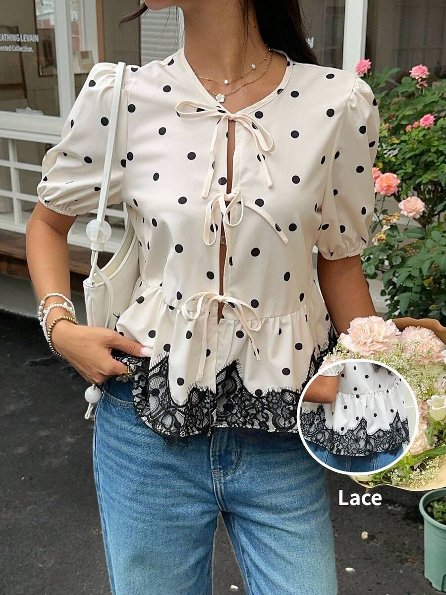 Serisse 女士波点印花蕾丝拼接荷叶边下摆短袖衬衫