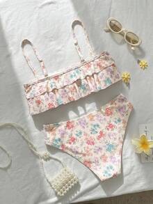 Swim Mod 花卉蕾絲可愛甜美復古休閒度假海灘海濱女款泳衣套裝 - 彩色 - 查看 2