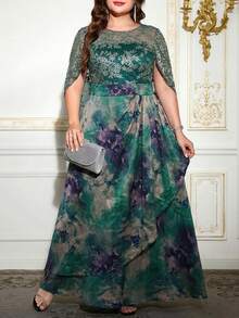 Ellevyn Plus Size Women Floral Jacquard Mesh Sleeve Elegant Dress - Green - View 3