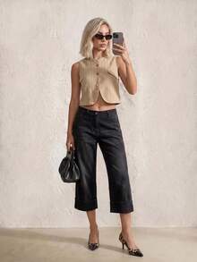 Sinnesro Short noir court pour le printemps/été, amincissant et sophistiqué, en pur coton avec un lavage propre, polyvalent, convient pour le travail et les occasions décontractées, style vintage, sensation de haute qualité. ,Femmes de petite taille - Noir - Voir 4