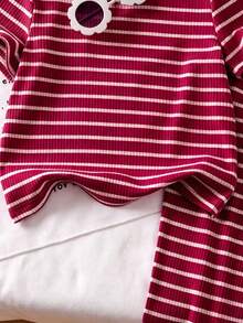 Genkimix Kids Young Girls Casual Textured Striped T-Shirt & Fashion Flare Pants Set, Suitable For Summer, Outing Wear - Burgundy - View 5