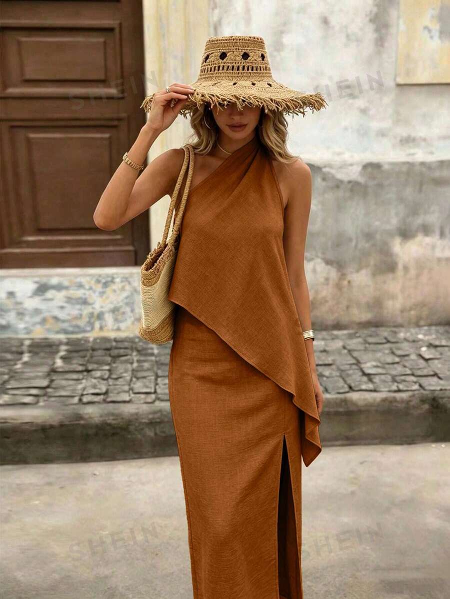 Breezaya 女款夏季單肩掛脖上衣與不對稱開衩長裙套裝,法式亞麻質感度假風優雅兩件式套裝 - 橘色 - 查看 1