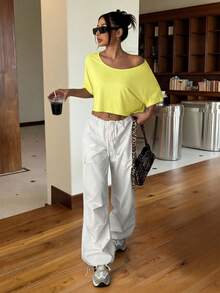 SHEIN EZwear 舒適性感露肩休閒黃色針織寬鬆不對稱領口T恤，時尚 - 黃色 - 查看 6