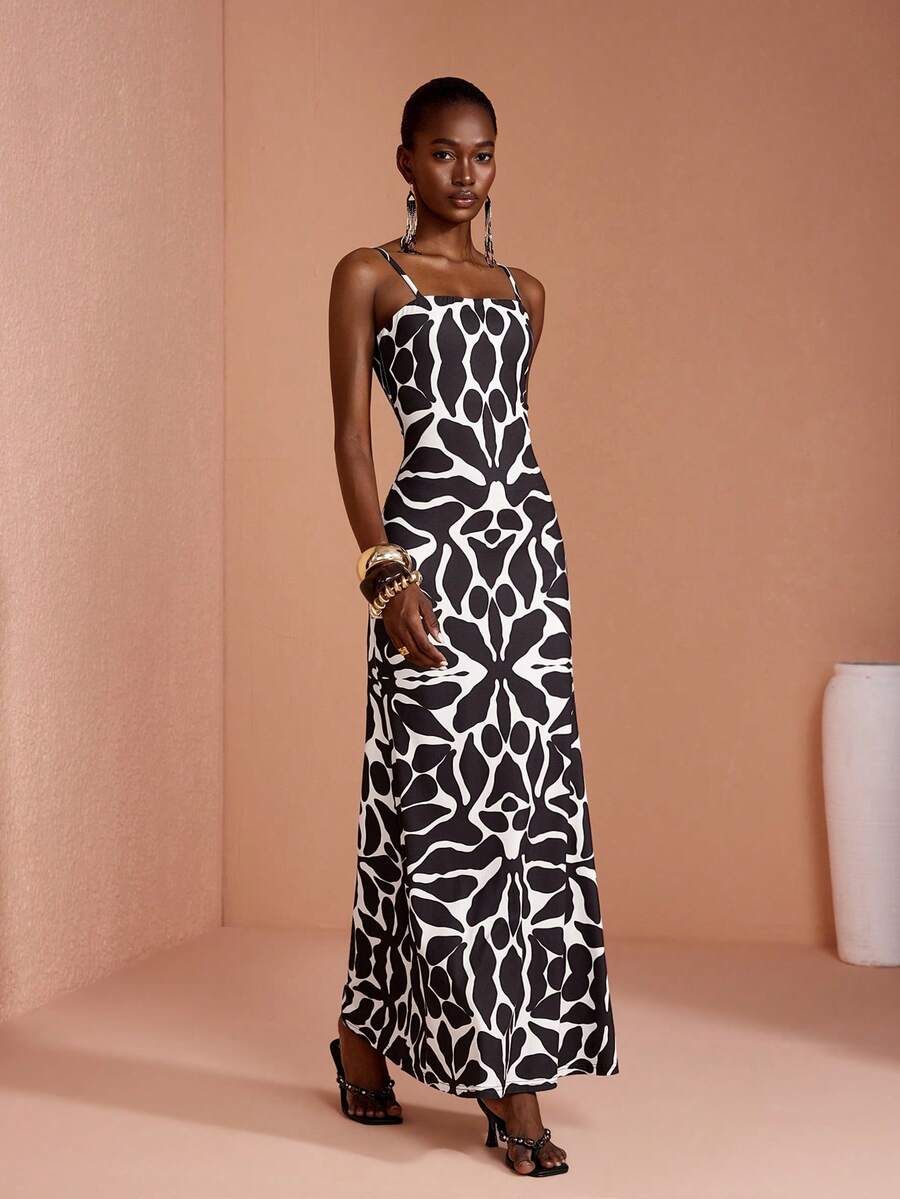 JIAN LASALA All-Over Print Knit Spaghetti Straps Sleeveless Mermaid Hem Women Maxi Dress Bobo Elegant Dinner Date Party Night Vacation Black And White Summer - Multicolor - View 1