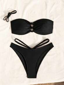 Oceva Women's 2-Piece Bikini Swimsuit Set, Pearlescent Fabric, Detachable Shoulder Straps, Island Beach Vacation Style, Spring/Summer, Premium Elegant Sexy Swimwear - Black - View 2