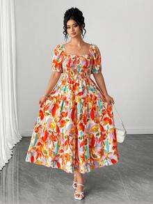 Elenzga Plus Size Women's Square Neck Casual Resort Summer Dress - Multicolor - View 4