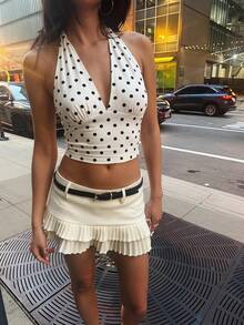 Aloruh Women's Casual Elegant Retro Polka Dot Print Twist Knot Camisole, Suitable For Summer, Retro Polka Dot Camisole, Summer Holiday Camisole,Summer Top - White - View 3