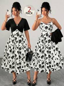 Franclia Plus Size Women 2pcs Set, Solid Color Short Sleeve Top Paired With Floral Print Slip Dress - Black and White - View 1