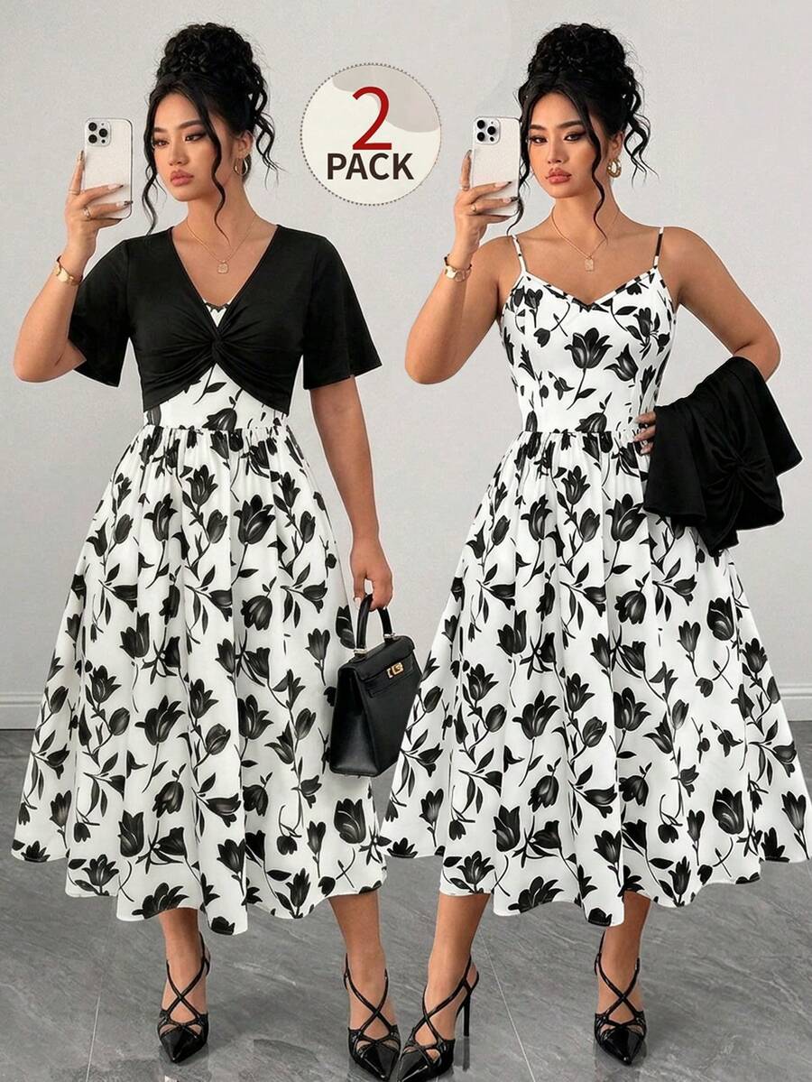 Franclia Plus Size Women 2pcs Set, Solid Color Short Sleeve Top Paired With Floral Print Slip Dress - Black and White - View 1