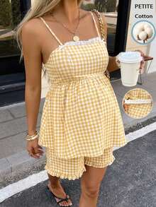 SHEIN Ensemble 2 pièces décontracté, top camisole à volants en patchwork de dentelle à carreaux et short à taille ajustable - Jaune citron - Voir 4