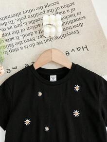 SHEIN LMoss Kids 少女針織刺繡圓領寬鬆休閒T恤 - 黑色 - 查看 7