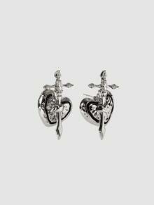 MortiRose Vintage Pleated Love Stud Earrings Niche Design Asymmetrical S925 Cross Earrings - Silver - View 3