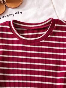 Genkimix Kids Young Girls Casual Textured Striped T-Shirt & Fashion Flare Pants Set, Suitable For Summer, Outing Wear - Burgundy - View 4