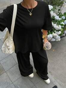 Muchica Plus Size Solid Color Round Neck Dropped Shoulder T-Shirt And Semi-Transparent Long Pants 2pcs Set - Black - View 6