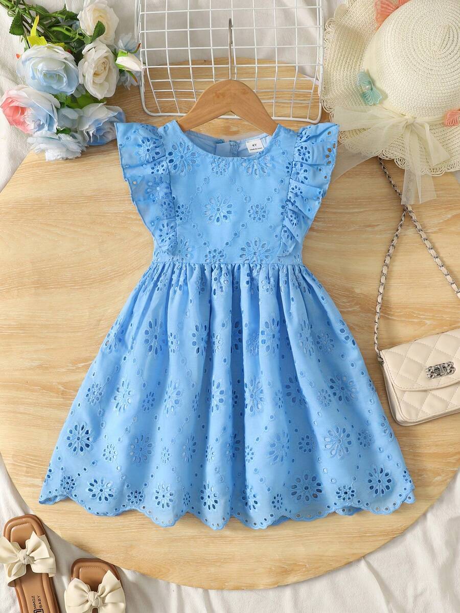 SHEIN Young Girl White Solid Color Dress With Round Neck And Ruffled Sleeves For Summer,Holiday,Summer,Travel - Blue - View 1