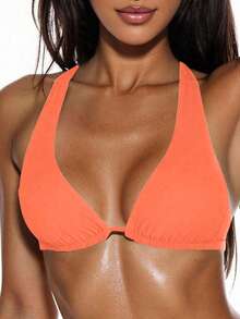 Oceva Women's Summer Vacation Beach Solid Color Halter Neck Tie Swimsuit Top - Coral Orange - View 3