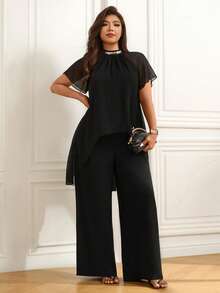 Femmeverse Women's Plus Size Pleated Halter Neck Sequin Patchwork New Raglan Sleeve Two Pieces Set High Waist Loose Wide Leg Pants Long Pants Set - Black - View 6