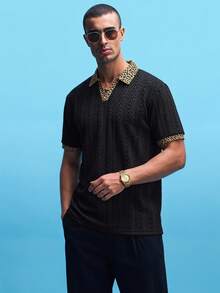 NobleFwd Men's Knitted Jacquard Solid Texture Leopard Print Collar & Cuff Ribbed Formal Polo Shirt - Black - View 1