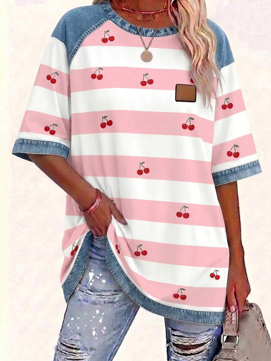 EMERY ROSE Women's Striped Patchwork Round Neck Short Sleeve Casual Versatile T-Shirt Club Formal Red And White Summer - Multicolor - View 1