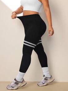 Easithlete Plus Size Women's High Waist Solid Color Patchwork Casual Tight Leggings Yoga Pants - Black - View 4