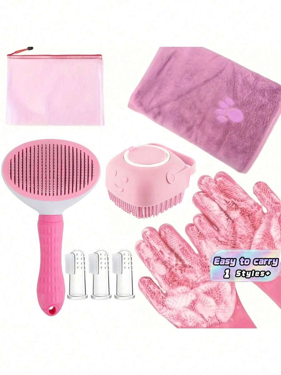 Pet Grooming Set, Includes Bathing Brush Set, Towel And Bathing Gloves, Fur Removal Brush, Pet Shampoo And Conditioner, Pet Dental Cleaning Tools - Multicolor - View 1