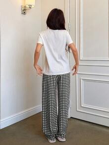 Napfluff Cute Bow Embroidery Top & Plaid Pants Women's Pajama Set - Black - View 2