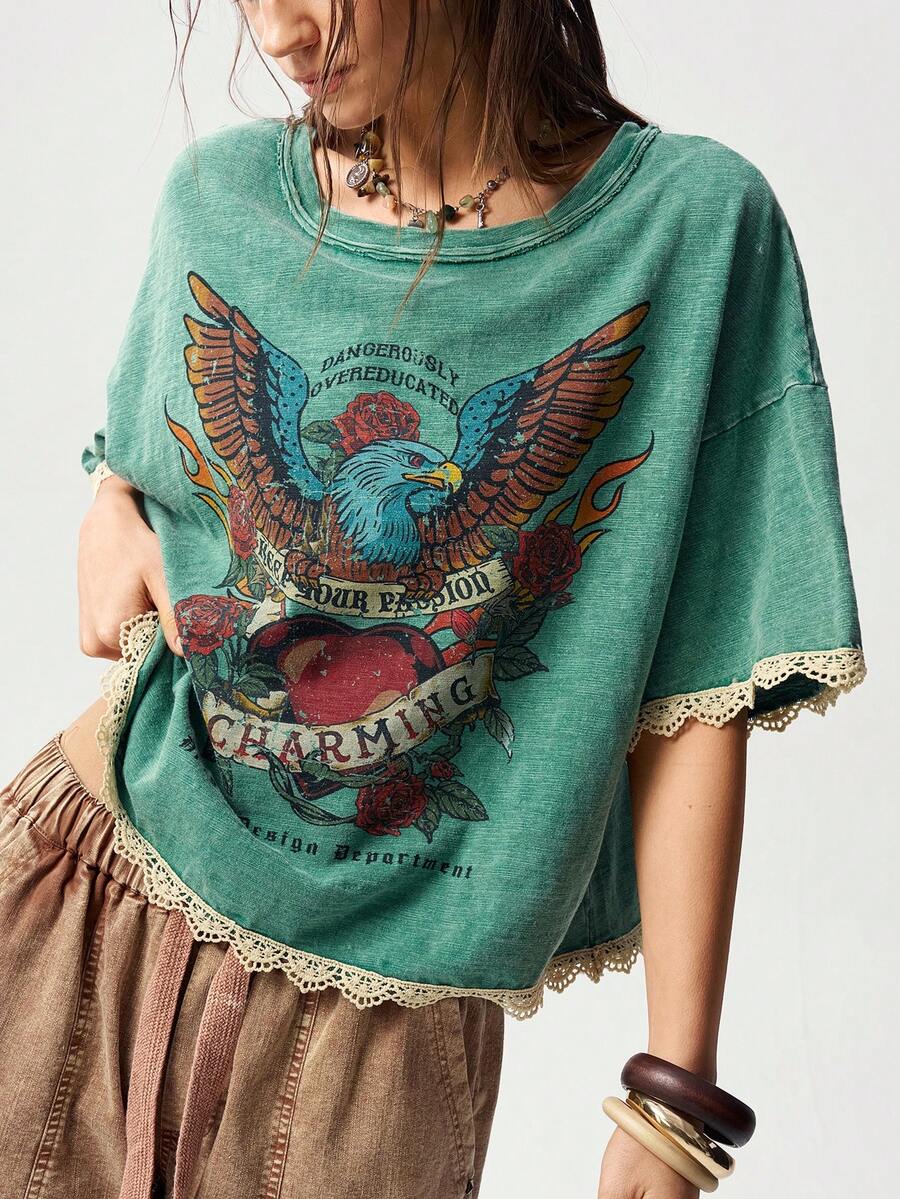 Bohemela 大尺碼花卉印花蕾絲拼接休閒百搭T恤 - 綠色 - 查看 1