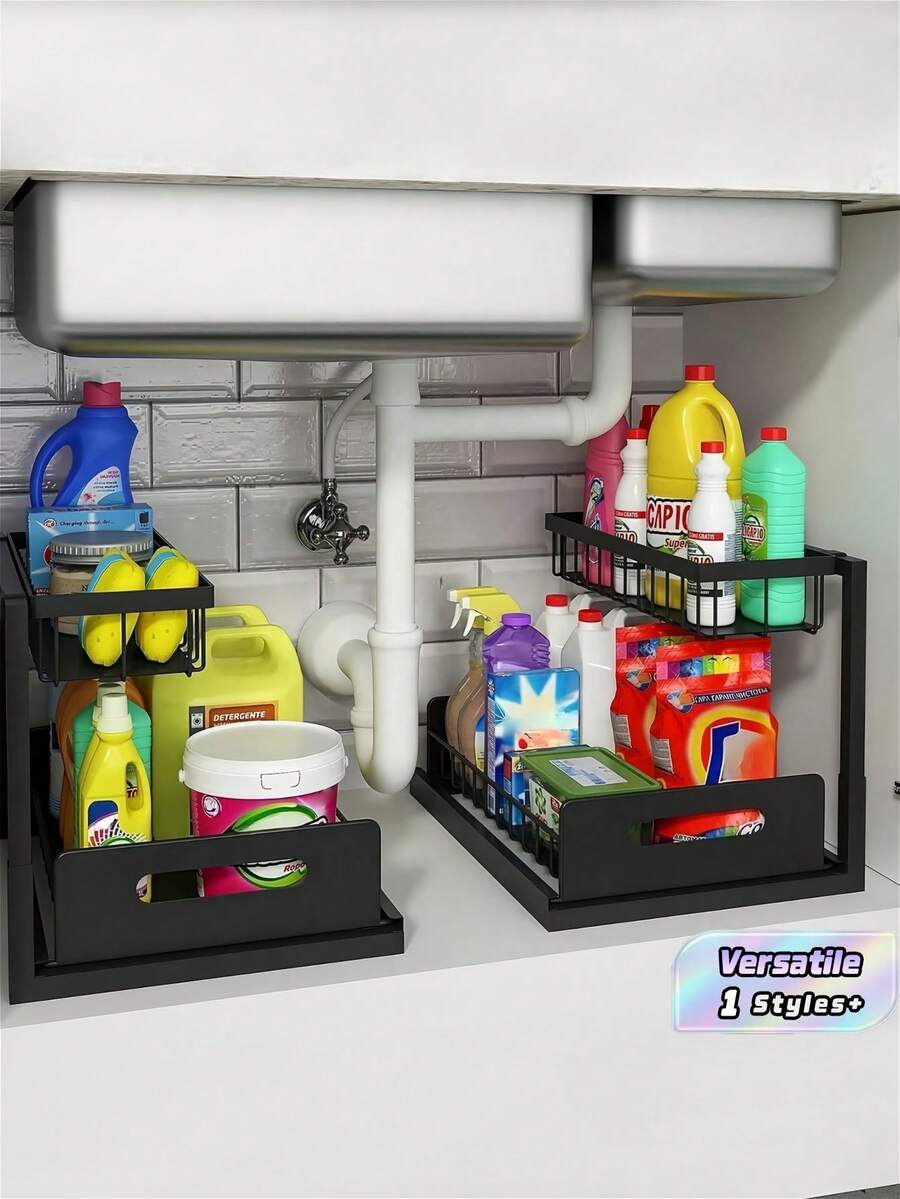 1 buah Rak Penyimpanan Geser Dua Tingkat di Bawah Wastafel, Lemari Laci Geser untuk Dapur, Kamar Mandi, Lemari Pakaian, Pengorganisasi Kabinet Serbaguna, Hemat Ruang, Dapat Diatur, Tahan Karat, Tahan Lama, Mudah Dirakit, Solusi Pengorganisasian Rumah - Hitam - View 1